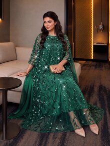 Auveirra Plus Size Elegant Formal Elegant Party Evening Wedding Sequin Embroidered Mesh Dress Dark Green Summer Vacation - Dark Green - View 6
