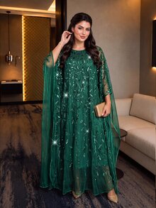 Auveirra Plus Size Elegant Formal Elegant Party Evening Wedding Sequin Embroidered Mesh Dress Dark Green Summer Vacation - Dark Green - View 8