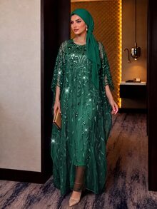 Auveirra Plus Size Elegant Formal Elegant Party Evening Wedding Sequin Embroidered Mesh Dress Dark Green Summer Vacation - Dark Green - View 5