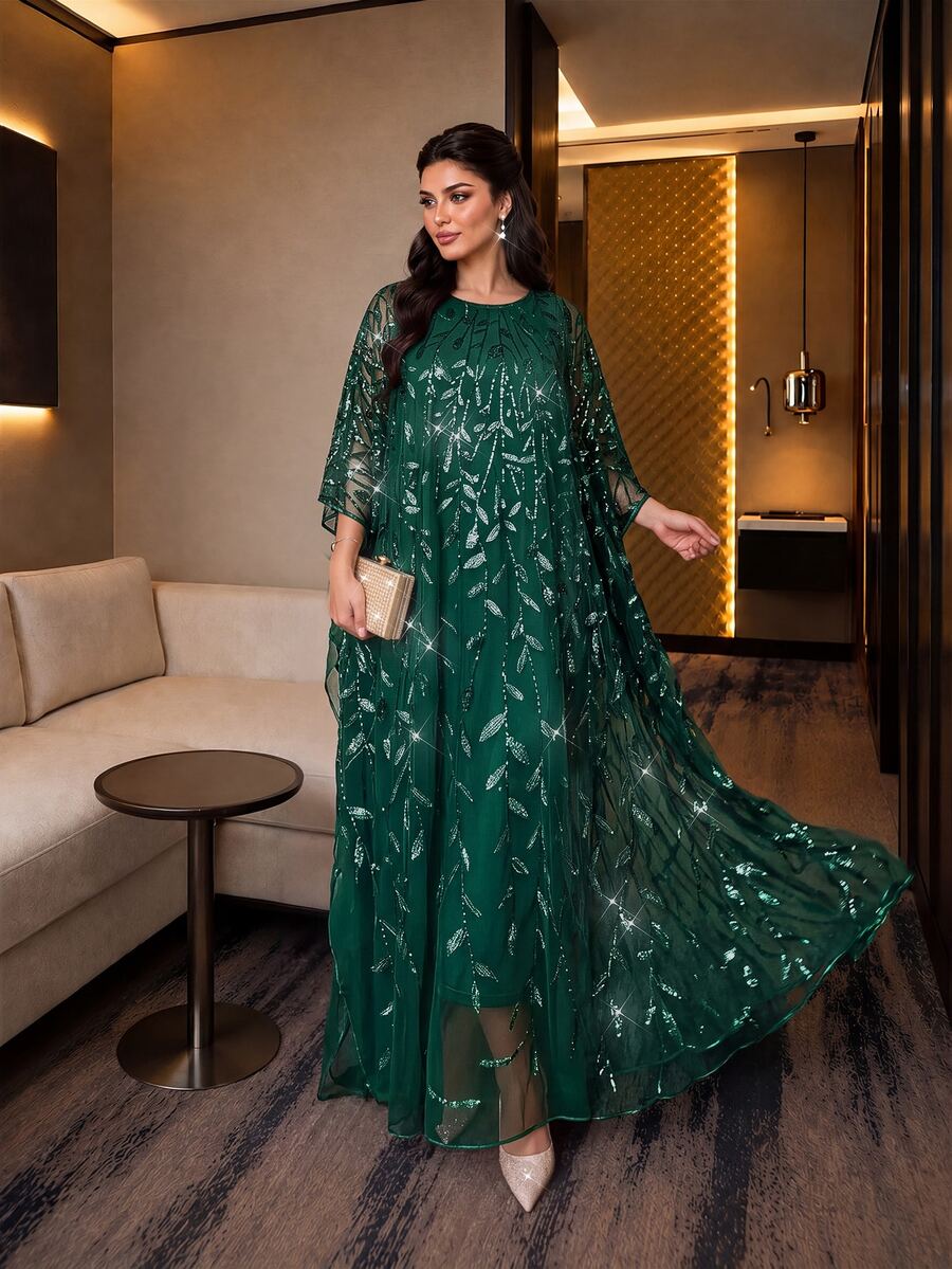 Auveirra Plus Size Elegant Formal Elegant Party Evening Wedding Sequin Embroidered Mesh Dress Dark Green Summer Vacation - Dark Green - View 1
