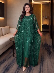 Auveirra Plus Size Elegant Formal Elegant Party Evening Wedding Sequin Embroidered Mesh Dress Dark Green Summer Vacation - Dark Green - View 9