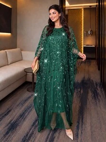 Auveirra Plus Size Elegant Formal Elegant Party Evening Wedding Sequin Embroidered Mesh Dress Dark Green Summer Vacation - Dark Green - View 7