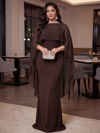 Auveirra Plus Size Women's Elegant Brown Shawl Dress,Solid Color Slim Fit Formal Dress For Winter,Cocktail Parties,Christmas & Formal Gatherings Summer