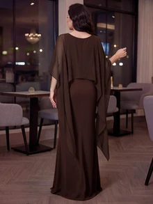Auveirra 大尺碼女款優雅棕色披肩洋裝，純色修身正式洋裝，適合冬季、雞尾酒會、聖誕節與正式聚會，夏季穿搭 - 棕色 - 查看 2