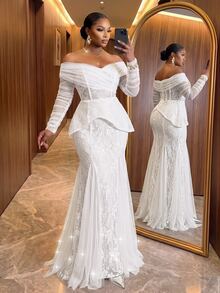 Auveirra Plus Size Elegant Sequin Lace Contrast Mesh Off-Shoulder Sheer Sleeve Mermaid Hemline Triangle Mesh Patchwork Evening Dress Wedding Event White Party - White - View 7