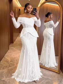 Auveirra Plus Size Elegant Sequin Lace Contrast Mesh Off-Shoulder Sheer Sleeve Mermaid Hemline Triangle Mesh Patchwork Evening Dress Wedding Event White Party - White - View 3