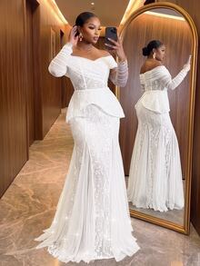 Auveirra Plus Size Elegant Sequin Lace Contrast Mesh Off-Shoulder Sheer Sleeve Mermaid Hemline Triangle Mesh Patchwork Evening Dress Wedding Event White Party - White - View 4