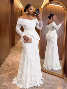 Auveirra Plus Size Elegant Sequin Lace Contrast Mesh Off-Shoulder Sheer Sleeve Mermaid Hemline Triangle Mesh Patchwork Evening Dress Wedding Event White Party - White - View 5