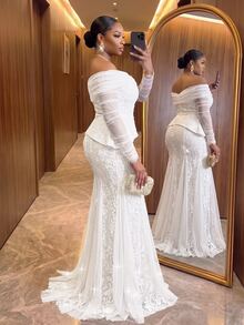Auveirra Plus Size Elegant Sequin Lace Contrast Mesh Off-Shoulder Sheer Sleeve Mermaid Hemline Triangle Mesh Patchwork Evening Dress Wedding Event White Party - White - View 2