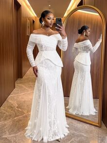 Auveirra Plus Size Elegant Sequin Lace Contrast Mesh Off-Shoulder Sheer Sleeve Mermaid Hemline Triangle Mesh Patchwork Evening Dress Wedding Event White Party - White - View 6