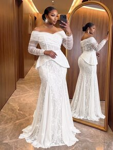 Auveirra Plus Size Elegant Sequin Lace Contrast Mesh Off-Shoulder Sheer Sleeve Mermaid Hemline Triangle Mesh Patchwork Evening Dress Wedding Event White Party - White - View 1