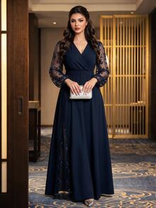 SHEIN 大尺碼女款拼接刺繡網紗長袖V領優雅1920年代風格洋裝，深藍色，秋季婚禮正式禮服 - 藏蓝色 - 查看 7