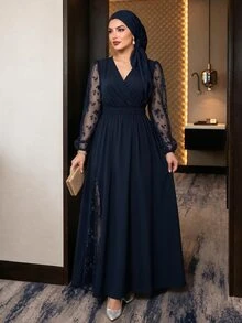 SHEIN 大尺碼女款拼接刺繡網紗長袖V領優雅1920年代風格洋裝，深藍色，秋季婚禮正式禮服 - 藏蓝色 - 查看 8