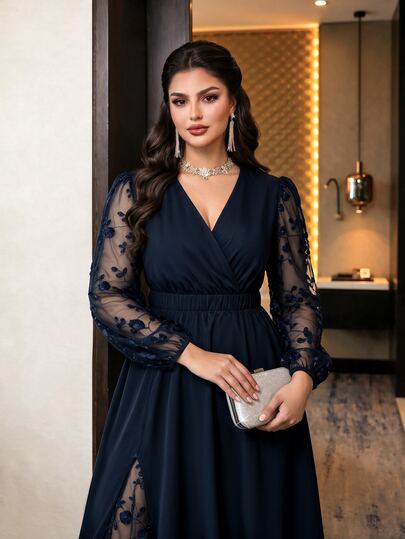 SHEIN Plus Size Women's Patchwork Embroidered Mesh Long Sleeve V-Neck Elegant 1920s Dress Autumn Wedding Formal Navy Blue Fall