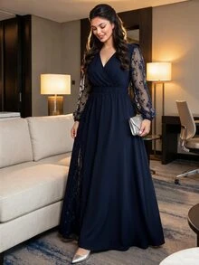 SHEIN 大尺碼女款拼接刺繡網紗長袖V領優雅1920年代風格洋裝，深藍色，秋季婚禮正式禮服 - 藏蓝色 - 查看 5