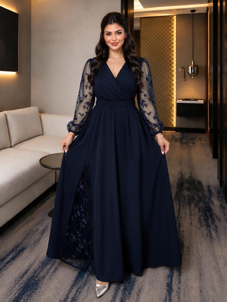 SHEIN Plus Size Women's Patchwork Embroidered Mesh Long Sleeve V-Neck Elegant 1920s Dress Autumn Wedding Formal Navy Blue Fall - Navy Blue - View 3