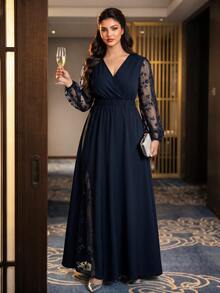 SHEIN 大尺碼女款拼接刺繡網紗長袖V領優雅1920年代風格洋裝，深藍色，秋季婚禮正式禮服 - 藏蓝色 - 查看 6