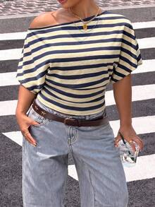 Muchica Plus Size Autumn Casual Conservative Modest Traditional Striped Asymmetric Collar T-Shirt Vacation Yellow Beach Fall - Multicolor - View 5