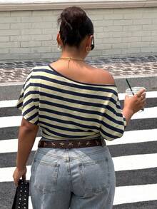 Muchica Plus Size Autumn Casual Conservative Modest Traditional Striped Asymmetric Collar T-Shirt Vacation Yellow Beach Fall - Multicolor - View 2