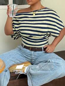 Muchica Plus Size Autumn Casual Conservative Modest Traditional Striped Asymmetric Collar T-Shirt Vacation Yellow Beach Fall - Multicolor - View 3