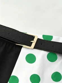 SHEIN LUNE 大尺碼女款春夏極簡時尚商務黑白拼色繫帶直筒長褲秋季 - 綠色 - 查看 5