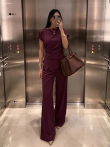 Firerie 女款休閒優雅格紋不對稱下擺襯衫與寬腿褲2件組，適合通勤、日常休閒與時尚商務穿著/女款秋季服飾2件組/返校2件組/教師穿搭2件組 - 酒紅色 - 查看 6
