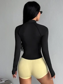 SHEIN Dewbera 網格拼接修身運動夾克 - 黑色 - 查看 3