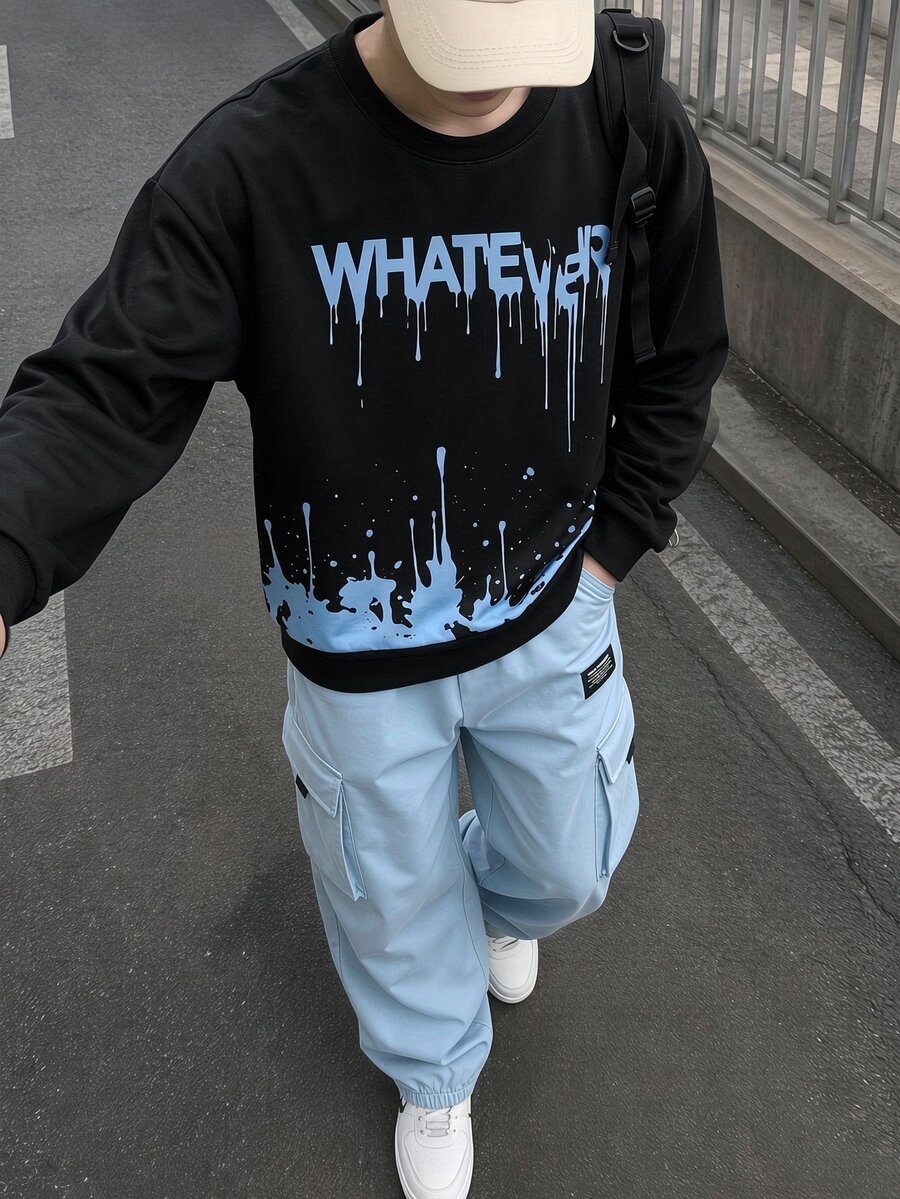 SHEIN 2件組 青少年男孩黑色標語印花長袖圓領衛衣+淺藍色長褲套裝,酷炫街頭休閒風,適合春秋、上學、運動 - 彩色 - 查看 1