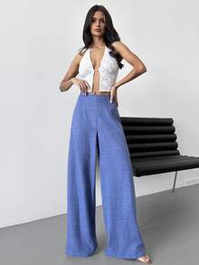 Firerie Women's Casual High-Waisted Long Wide-Leg Pants, Blue, Suitable For Beach, Airport, Modest - Blue - View 9