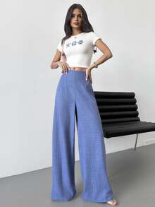Firerie Women's Casual High-Waisted Long Wide-Leg Pants, Blue, Suitable For Beach, Airport, Modest - Blue - View 8