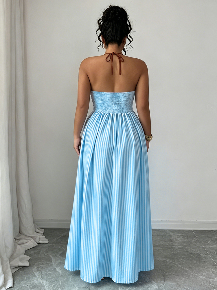 Elenzga Plus Size Women Striped Tie-Up Long Jumpsuit Beach Vacation Blue Summer - Baby Blue - View 3