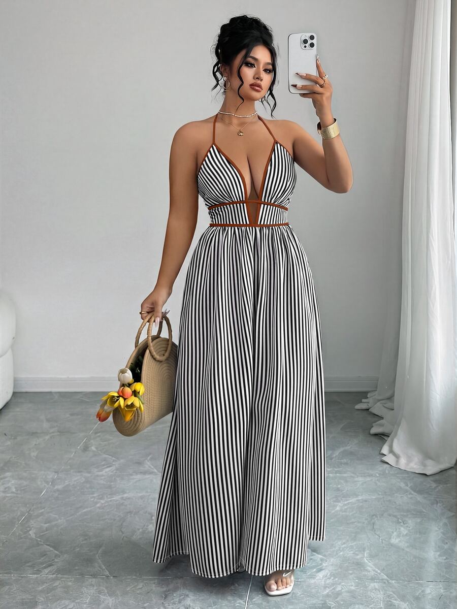 Elenzga Plus Size Women Striped Tie-Up Long Jumpsuit - Black and White - View 1