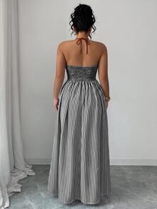 Elenzga Plus Size Women Striped Tie-Up Long Jumpsuit - Black and White - View 3