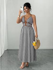 Elenzga Plus Size Women Striped Tie-Up Long Jumpsuit - Black and White - View 5