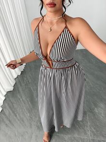 Elenzga Plus Size Women Striped Tie-Up Long Jumpsuit - Black and White - View 4