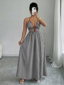 Elenzga Plus Size Women Striped Tie-Up Long Jumpsuit - Black and White - View 6