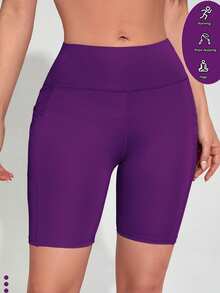 SHEIN Sports 女士夏季简约纯色高腰拼接口袋运动骑行短裤 - Bold Plum - 查看 5