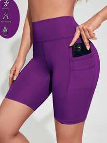 SHEIN Sports 女士夏季简约纯色高腰拼接口袋运动骑行短裤 - Bold Plum - 查看 7