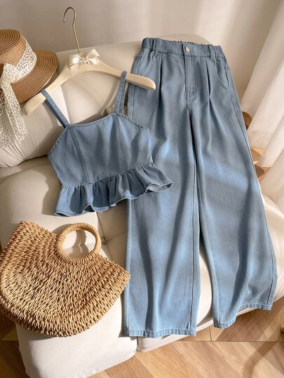 Genkimix Kids Tween Girls 2pcs Set,Summer Casual Light Blue Denim Outfit,Vintage Cropped Camisole With Ruffle Hem&Straight Leg Pants For Sun Vacation,Daily School