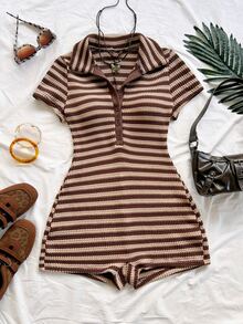 Soleia Plus Size Women's Striped Color Block Casual Daily Wear Romper - Brown - View 5