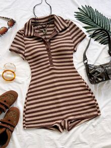 Soleia Plus Size Women's Striped Color Block Casual Daily Wear Romper - Brown - View 1