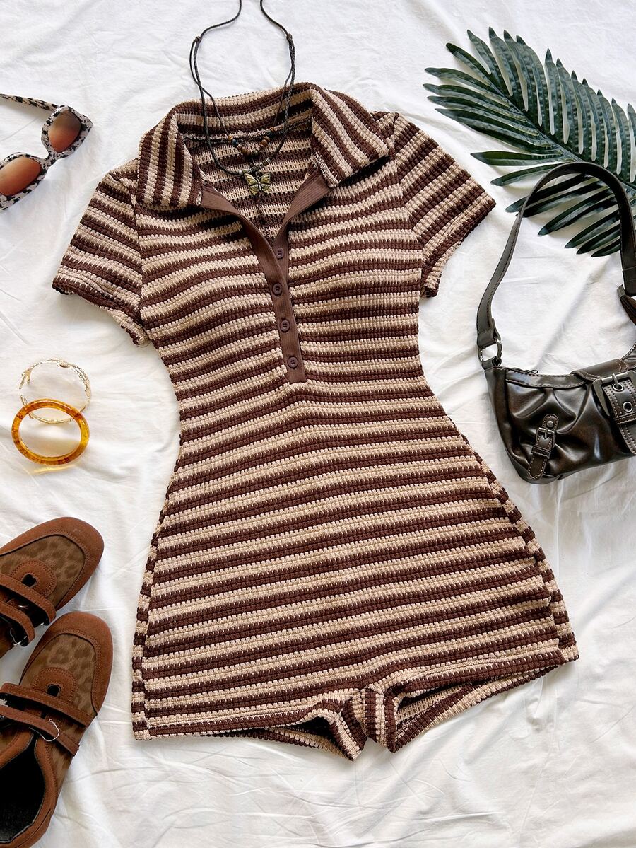 Soleia Plus Size Women's Striped Color Block Casual Daily Wear Romper - Brown - View 1