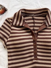 Soleia Plus Size Women's Striped Color Block Casual Daily Wear Romper - Brown - View 6