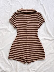 Soleia Plus Size Women's Striped Color Block Casual Daily Wear Romper - Brown - View 2