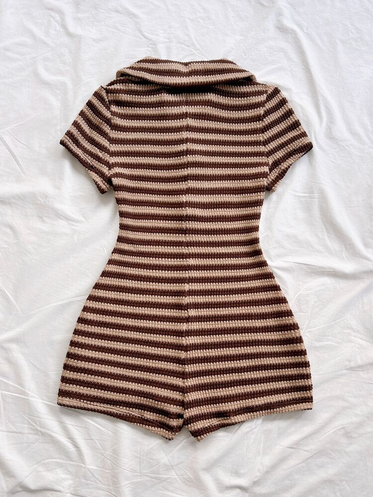 Soleia Plus Size Women's Striped Color Block Casual Daily Wear Romper - Brown - View 2