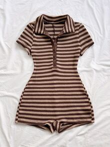 Soleia Plus Size Women's Striped Color Block Casual Daily Wear Romper - Brown - View 3