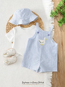Cozy Pixies 2pcs Baby Boys Rompers Set, Buy Romper Get Hat, Baby Boy Baby Girl Summer Yellow & White Striped Suspenders Duck Print Romper & Bucket Hat Set, Casual Vacation, Suitable For Outings, Beach, Daily Wear, Spring & Summer - Blue - View 12