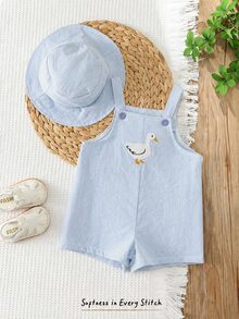 Cozy Pixies 2pcs Baby Boys Rompers Set, Buy Romper Get Hat, Baby Boy Baby Girl Summer Yellow & White Striped Suspenders Duck Print Romper & Bucket Hat Set, Casual Vacation, Suitable For Outings, Beach, Daily Wear, Spring & Summer - Blue - View 5