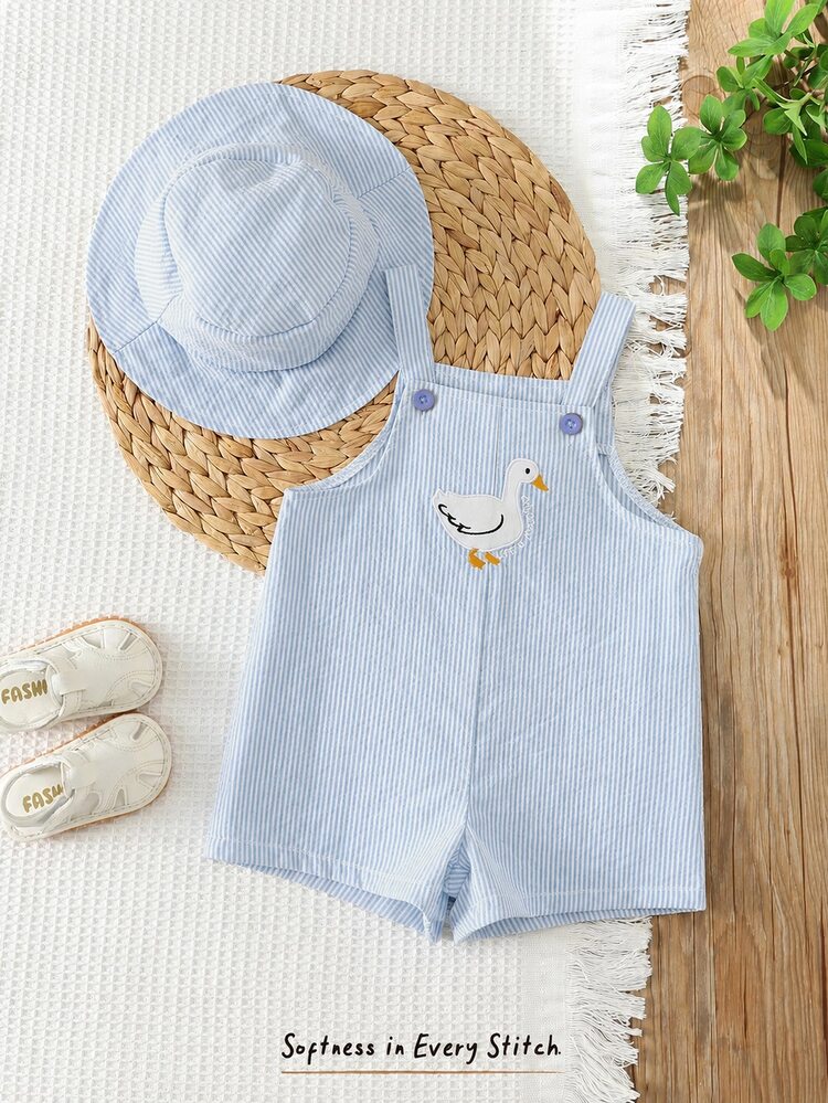 Cozy Pixies 2pcs Baby Boys Rompers Set, Buy Romper Get Hat, Baby Boy Baby Girl Summer Yellow & White Striped Suspenders Duck Print Romper & Bucket Hat Set, Casual Vacation, Suitable For Outings, Beach, Daily Wear, Spring & Summer - Blue - View 5