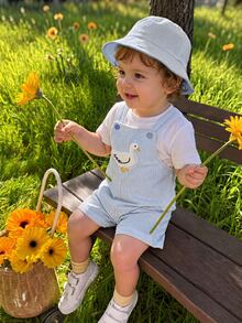 Cozy Pixies 2pcs Baby Boys Rompers Set, Buy Romper Get Hat, Baby Boy Baby Girl Summer Yellow & White Striped Suspenders Duck Print Romper & Bucket Hat Set, Casual Vacation, Suitable For Outings, Beach, Daily Wear, Spring & Summer - Blue - View 6